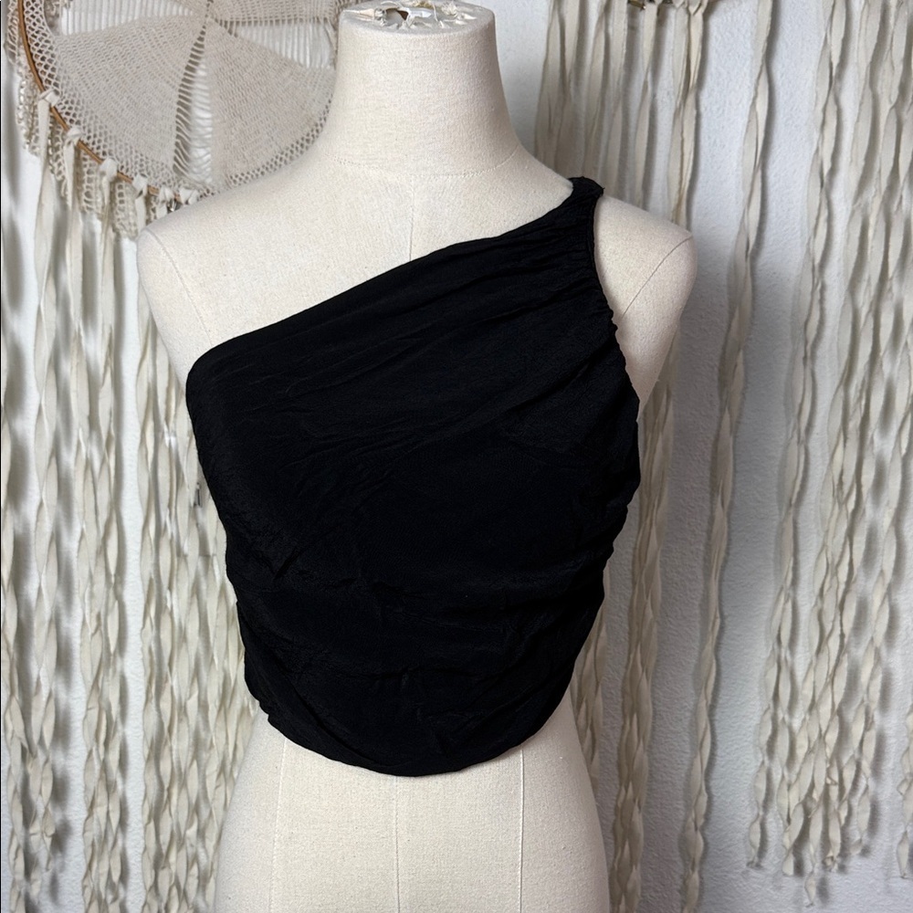 Free People One Black Crepe over Smocking One Shoulder Cropped Top XS
